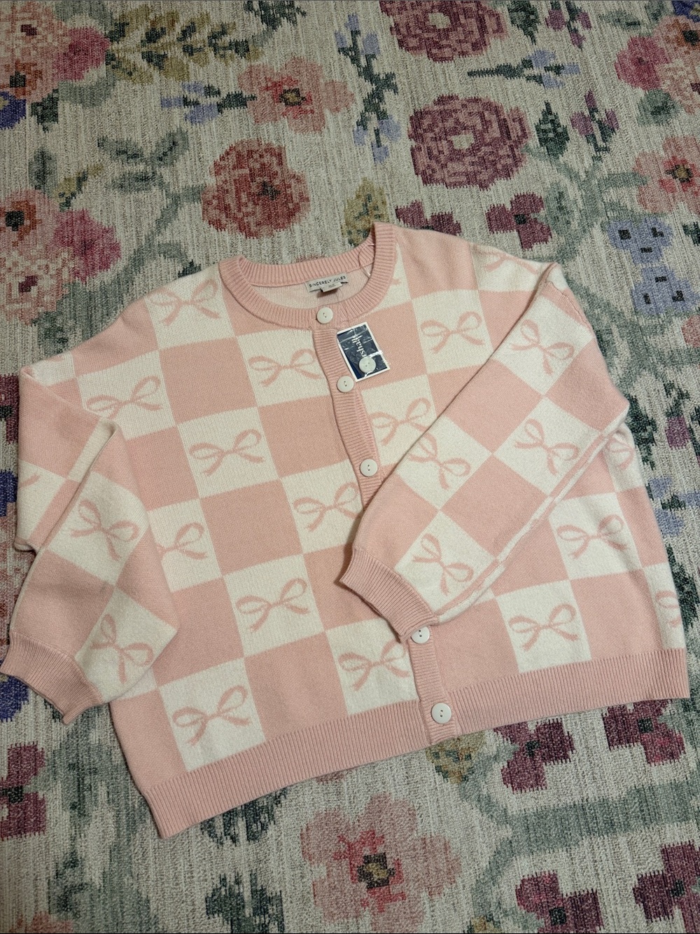 Sincerely Jules Pink & Cream Checked Bow Cardigan